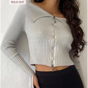 MOTEL Radia Long Sleeve Off-Shoulder Zip Thru double zip sweater Jumper grey